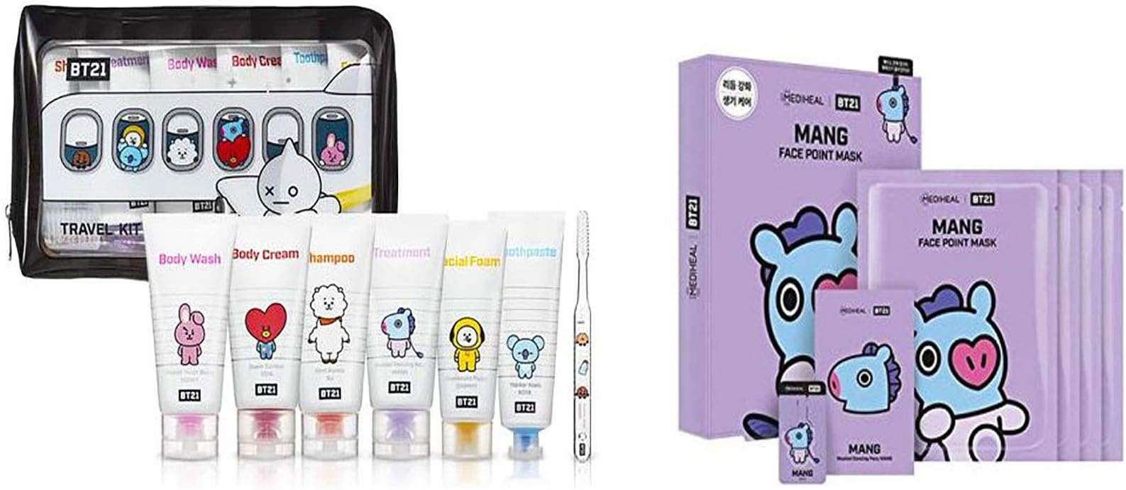 BTS OFFICIAL MERCHANDISE COSMETICS TRAVEL KIT (POUCH INCLUDED) + MEDIHEAL MASK PACK+EXTRA BTS PHOTOCARDS (J hope Mang)