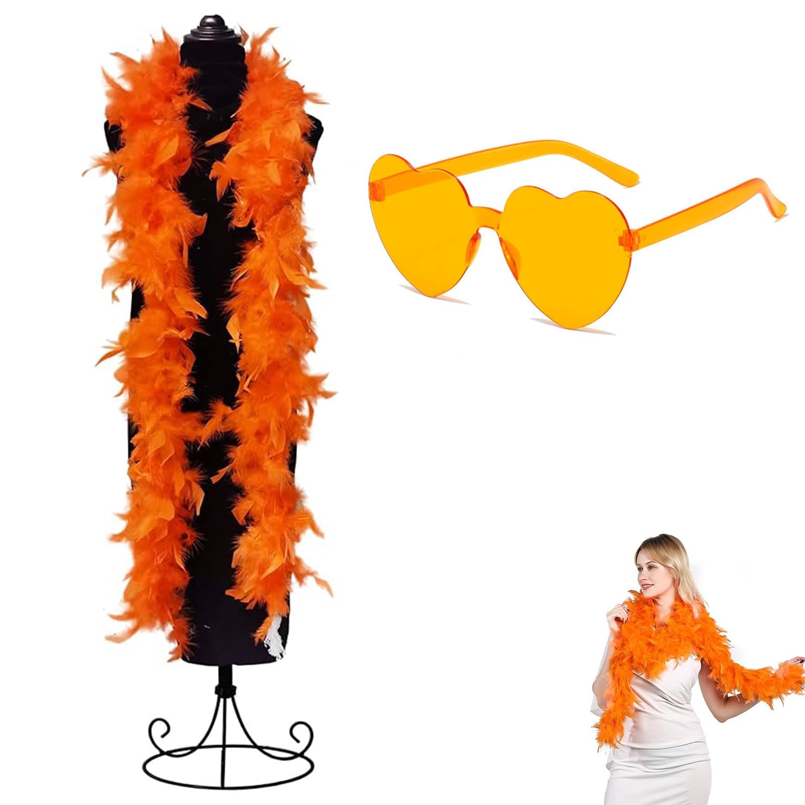 Feather Boa, 2m/6.6ft Natural Turkey Orange Feathers Boa And Orange Heart Sunglass, 40g Party Fluffy Boa Feather Scarffor Bulk, Suitable For Fancy Dress Party, Halloween, Cosplay