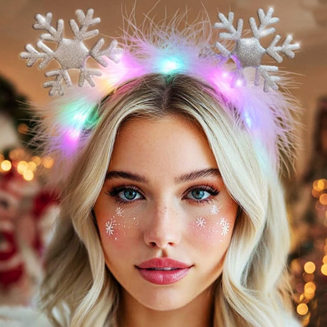 Zoestar Christmas Light Up Headband LED Snowflake Headbands Glowing Feather Xmas Hair Accessories for Women
