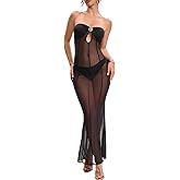 AGOSAK Women's Strapless Mesh See Through Maxi Dress Sheer Transparent Tube Top Long Dresses Club Party