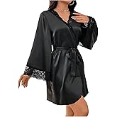 SOLY HUX Women's Silk Robe Satin Lace Bathrobe Long Sleeve Kimono Bridesmaid Bride Party Robes Sleepwear with Belted