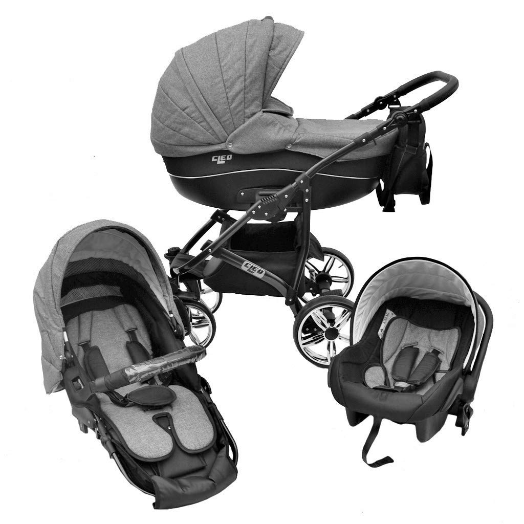 Cleo Kombi Kinderwagen 4 in 1 (+ ISOFIX-Basisstation) - Radwahl - grau/schwarz (Hartgummireifen + Air Cells)