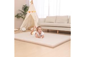 HULOO SLEEP Baby Play Mat for Floor,1.2" Thick Memory Foam Tummy Time Mat,Soft Coral Velvet Nursery Rug,Extra Large Non Slip Crawling Mat for Toddlers,Infants,kids,Yoga Mat,Tatami Mat for Living Room(Beige)