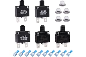 mxuteuk 5Pcs 3,5,10,15,20Amp Circuit Breakers Push Button Manual Reset 125/250V AC 32V DC,Overload Protector Switch Thermal Circuit Breakers with Quick Connect Terminals and Waterproof Button Caps