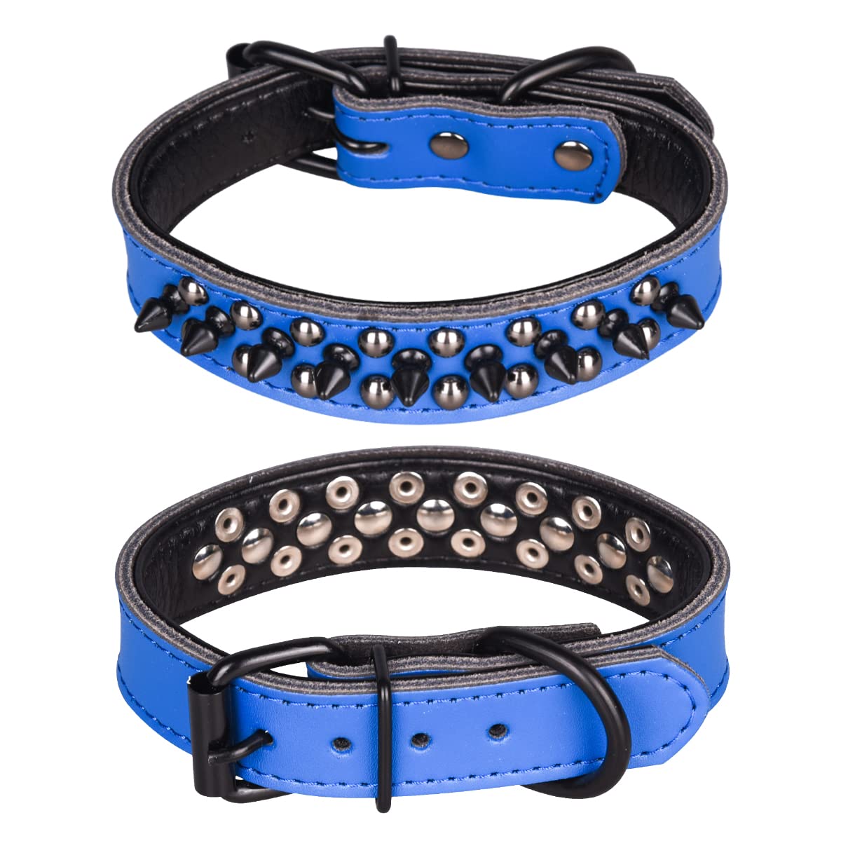 haoyueer Spiked Studded Dog Collar, Genuine Leather Dog Collar, Adjustable Pet Collars for Medium Large Bulldog Pitbull Mastiff Poodle Boxer (L, Dark Blue-1)
