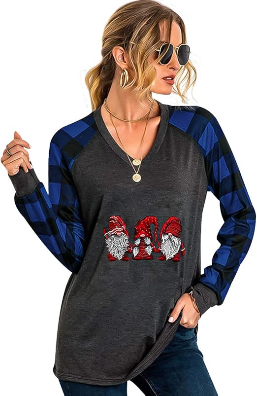 Amazon.com: Women Ladies Christmas Print Plaid Sweatershirt V Neck T