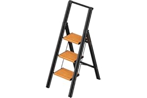 PLEDDANIO 3 Step Ladder, Folding Step Stool with Convenient Handgrip for Home,Office,Kitchen, Black Frame Wood Grain Lightweight Aluminum Step Stool with Anti-Slip Sturdy Pedal,300 lbs Capacity