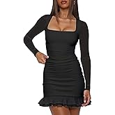 Mokoru Women's Sexy Square Neck Long Sleeve Mini Dress Ruched Bodycon Ruffle Cocktail Party Short Dresses