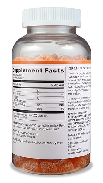 AMAZON BASICS VITAMIN C GUMMIES, SOUR ORANGE FLAVOR, 250 MG, 150 COUNT, VEGETARIAN, IMMUNE HEALTH SUPPORT (PREVIOUSLY SOLIMO)