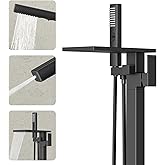 Freestanding Bathtub Faucet with Handheld Sprayer, Matte Black Floor Mount Tub Filler, High Flow Waterfall Brass Bath Shower Faucet for Modern Bathroom