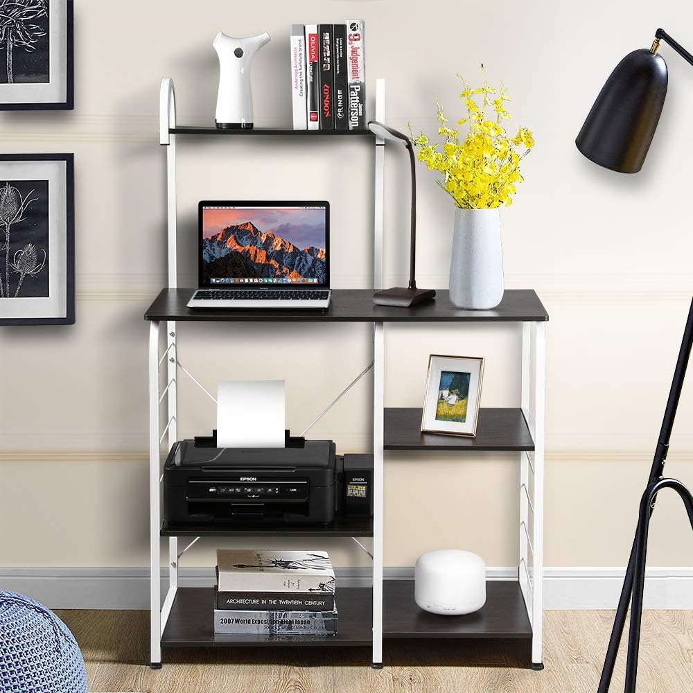VANSPACE Indusrial Kitchen Baker's Rack Utility Storage Shelf Microwave Stand 4-Tier + 3-Tier Kitchen Storage Cart Table for Spice Rack Organizer Workstation with 5 Hooks - 35.5" Black Walnut - Standing Baker's Racks