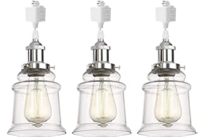 Kiven 3-Lights H-Track Lighting Kitchen Pendant Light - Dimmable Track Pendant Lighting Fixtures, Chrome Finish Sockets with Clear Glass Shades (Overall Heigth Approximately 12 Inches)