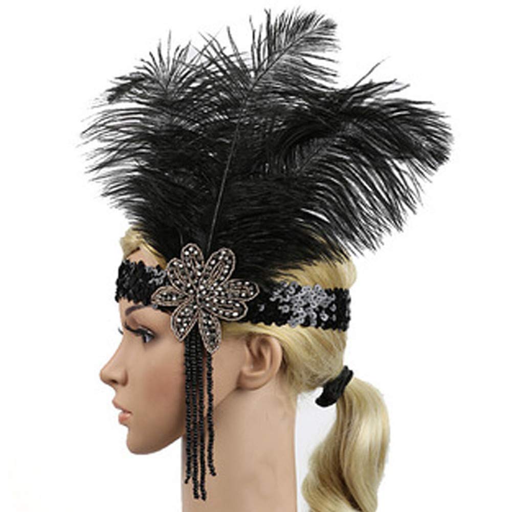 Feather Headband Flapper 1920s Headpiece Headband Gothic Headdress Crystal Sequins Beaded Burlesque Feather Flapper Native American Chief Feather Hat Headpiece Halloween Costume Accessory Fanny Dress