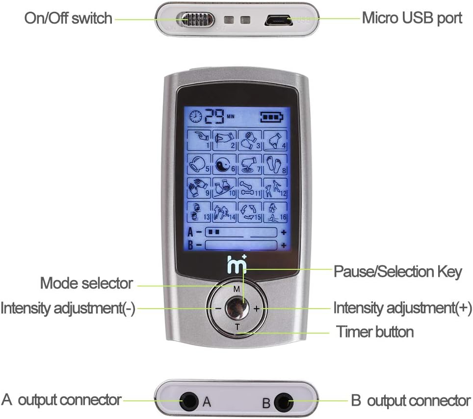 HaelMed Dual Channel Electric TENS Unit Muscle Stimulator, Gen Pain Relief 16 Modes Rechargeable TENS Machine with 4pcs Premium Electrode Pads for Pain Relief & 2 Electrode Wires with 2 leads: Health & Personal Care