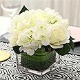 Fule Artificial Silk Rose Flower Centerpiece Arrangement in vase for Home Wedding Decoration (Spring White)