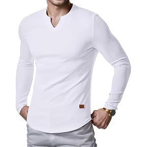 Men's V-Neck Muscle Undershirt Lightweight Long Sleeve Stretch Shirt Slim Fit Basic Tees Tops White