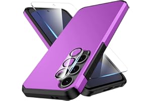 HUNESS 3 in 1 for Galaxy S24 FE Phone Case with Tempered Glass Screen Protector + Camera Lens Protector, for Samsung S24 FE Phone Case,Silicone Durable Armor for Samsung Galaxy S24 FE Case Purple