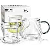 Lezero Tea Infuser Cup with Filter and Lids, Borosilicate Glass Mugs with Strainer for Blooming & Loose Leaf, Lead-free, Microwave & Dishwasher Safe, 14oz