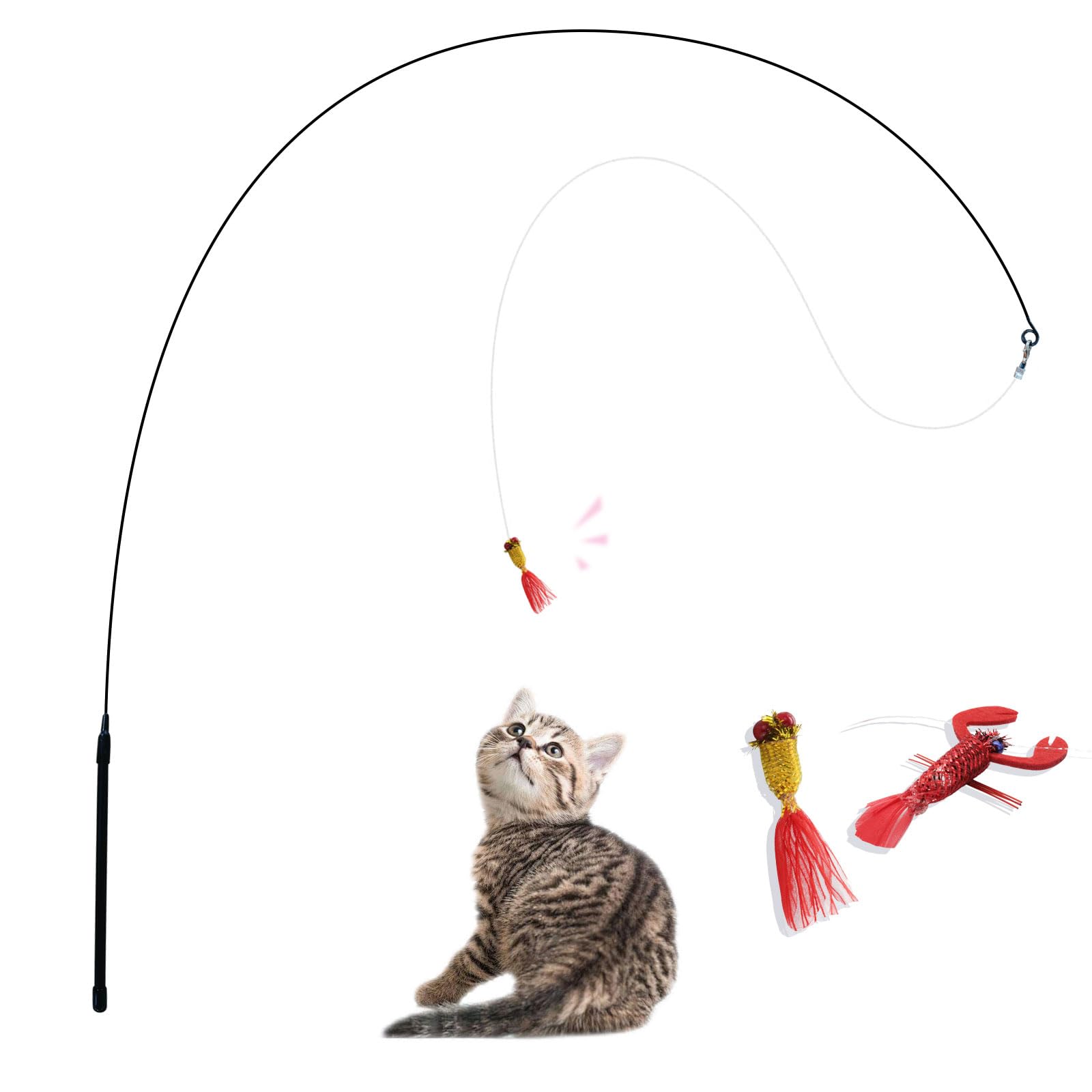 Andiker Cat Wand Toy, 2 Pack Realistic Animal Shapes Cat Interactive Toys with Bells for Cats of All Ages, Chasing Scratching Chewing Cat Enrichment Toys for Indoor Cats (Red)