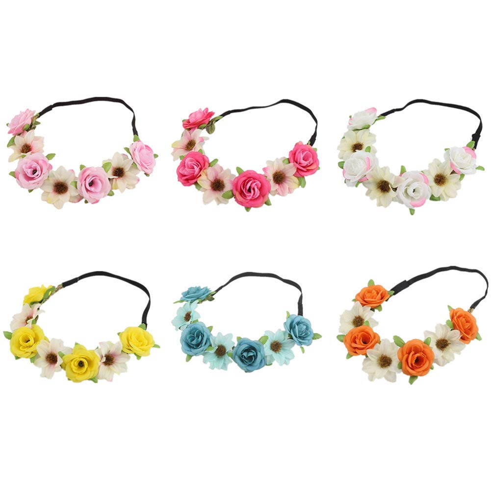 Lurrose 6pcs Flower Headbands Lightweight Wreath Elastic Rose Cloth Garland Wedding Hair Band Party Hair Wreath for Women Girls Ladies