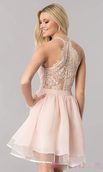 short chiffon homecoming dress with lace racerback