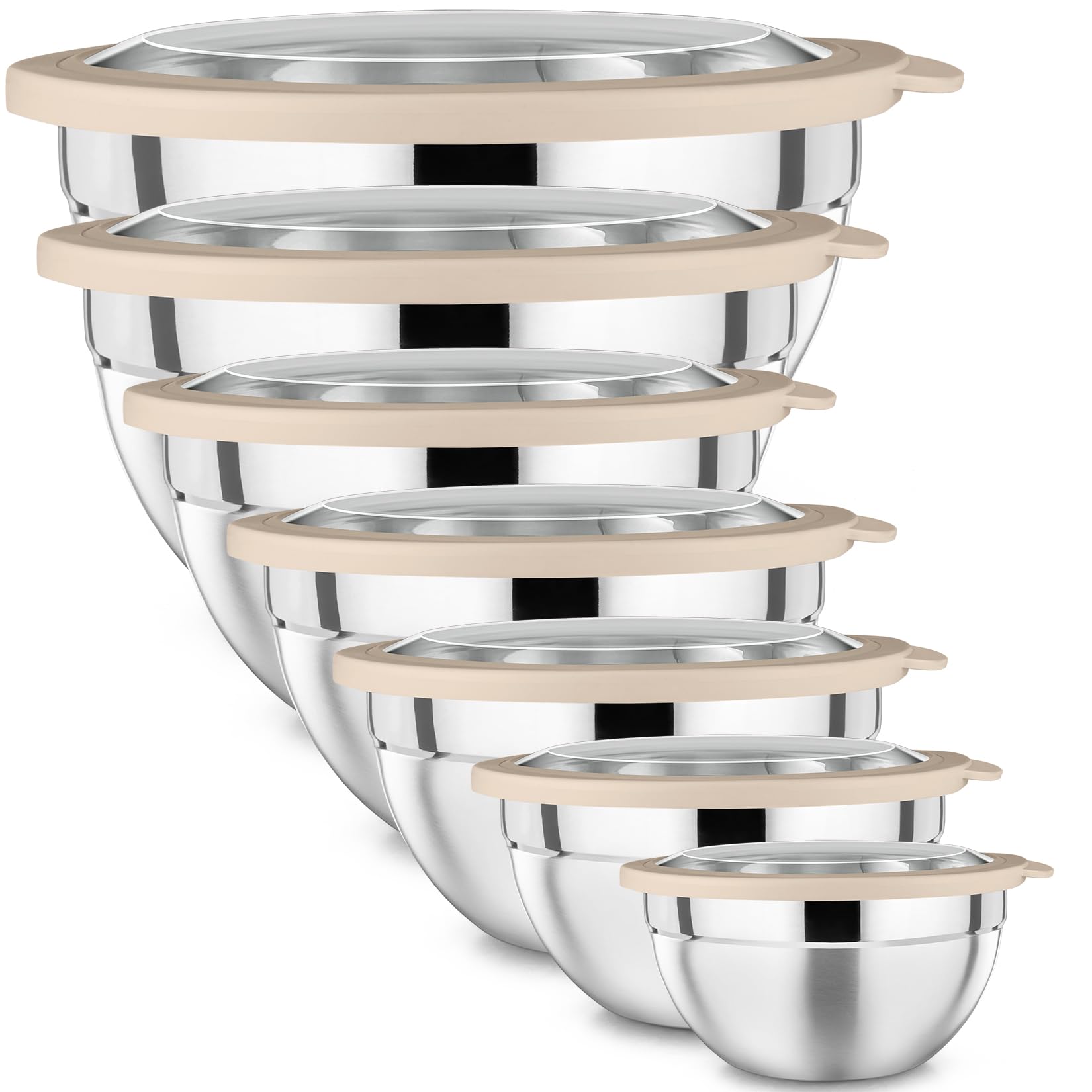 Photo 1 of P&P CHEF Mixing Bowl with Lid Set of 7, Stainless Steel Nesting Salad Bowls for Cooking Serving Prepping, Clear Lids & Stackable Design, Size 4.6, 3.5, 3, 2, 1.5, 1, 0.7 Qt - Khaki