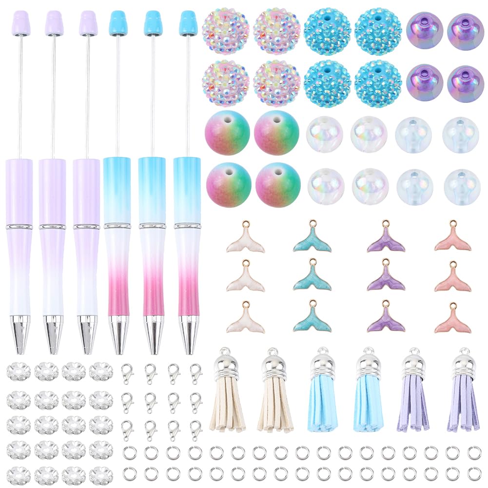 SUNNYCLUE DIY 12 Sets Ocean Beadable Pen Sets Beaded Pens Summer Hawaii Bead Pens Bulk Beading Pens Beadable Pens Fish Tail Charms Rhinestone Spacer Beads for Teachers Students Gifts Office School