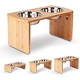 Elevated Dog Bowls, Bamboo Raised Dog Bowl for Large Dogs & Medium Dogs, with 2 Stainless Steel Bowls (10'' Tall–48 oz Bowl)