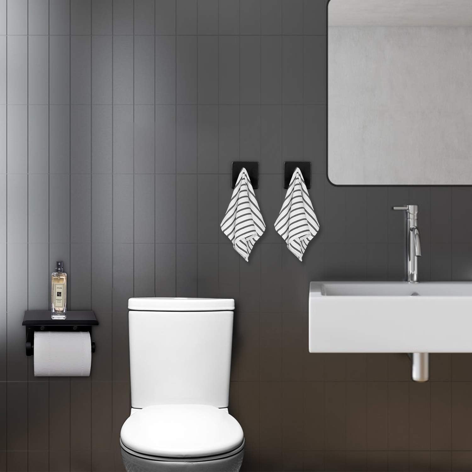 Tindbea Toilet Paper Holder with Shelf + Towel Robe Hooks, Adhesive or Screw Wall Mounted Toilet Paper Roll Holder, Stainless Steel Bathroom Hardware Set (Matte Black): Kitchen & Dining
