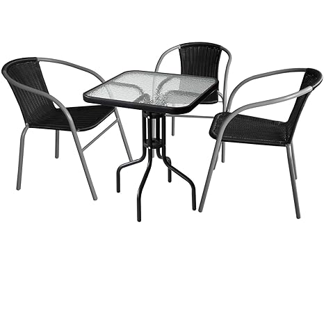 Multistore 2002 4tlg. Balkonmöbel Bistro Set - Glastisch 60x60cm mit geriffelter Glasplatte + 3X Polyrattan Bistrostuhl stape