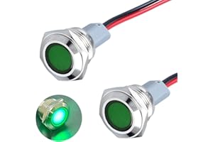 DMWD 2PCS 16mm (5/8") LED Indicator Light, 110-220VAC 20mA Energy Saving Metal Waterproof IP67 Single lamp LED Pilot Lamp Flat Head with 20cm/7.87in. Wire for Car Truck Boat(Green LED)