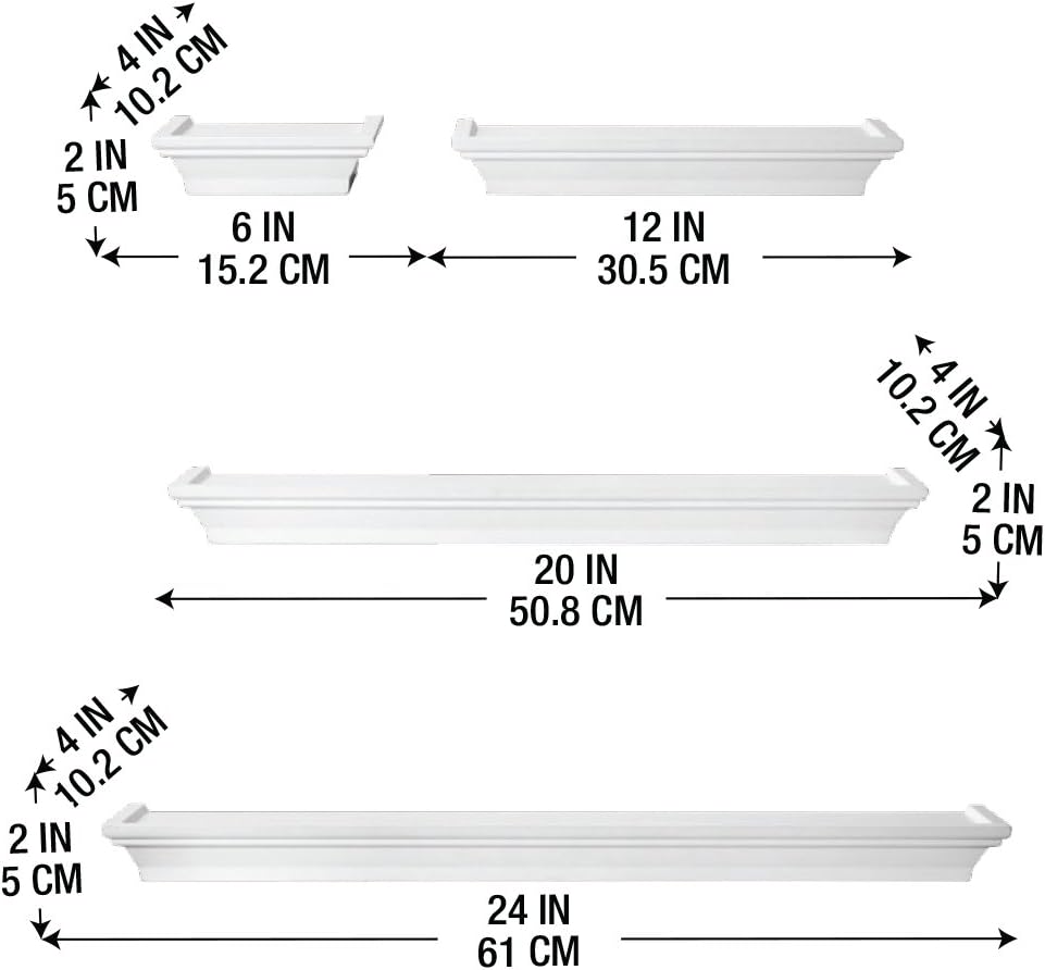 Melannco 5091215 Floating Wall Mount Molding Ledge Shelves, Set of 4, White: Home & Kitchen