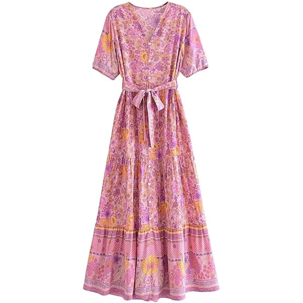 Women V Neck Pleated Casual Dress Print Short Sleeve A-Line Slim Midi Long  Dresses 01 Xs at Amazon Women's Clothing store