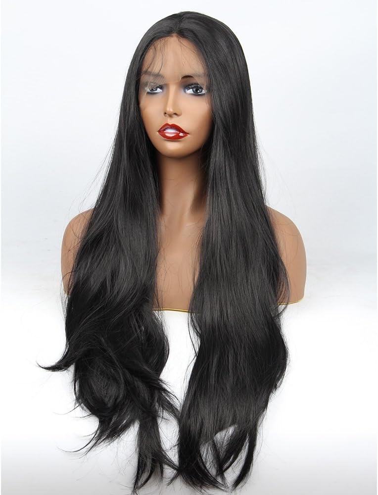 vvBing Black Hair Synthetic Lace Front Wig Long Udreamy Nautral Straight Glueless Replacement Hair Wigs For Women Heat Resistant Fiber Hair Half Hand Tied #1b 26 Inches