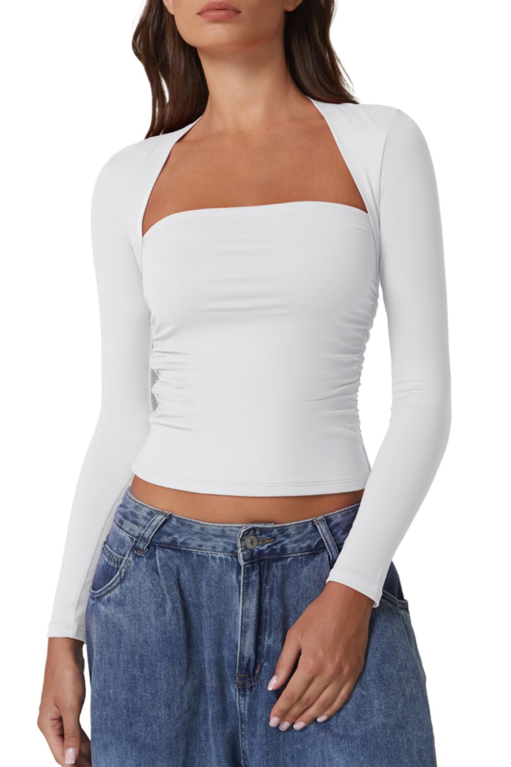 Photo 1 of QINSEN Solid White Basic Tops for Women Long Sleeve Square Neck Going Out Tee Shirt Crop Tops XL