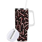 Wfrish Tumbler with Handle and Straw Lid,Candy Cane Christmas Black 30 oz Insulated Coffee Cup Stainless Steel Water Bottle Travel Mug Cupholder Friendly,Gifts for Women Men