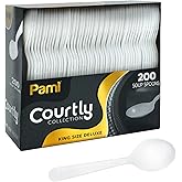 PAMI Heavy Weight Disposable Plastic Soup Spoons [200-Pack] - Bulk King Size Deluxe White Plastic Silverware For Parties, Weddings, Catering Food Stands, Takeaway- Heavy-Duty Single-Use Partyware