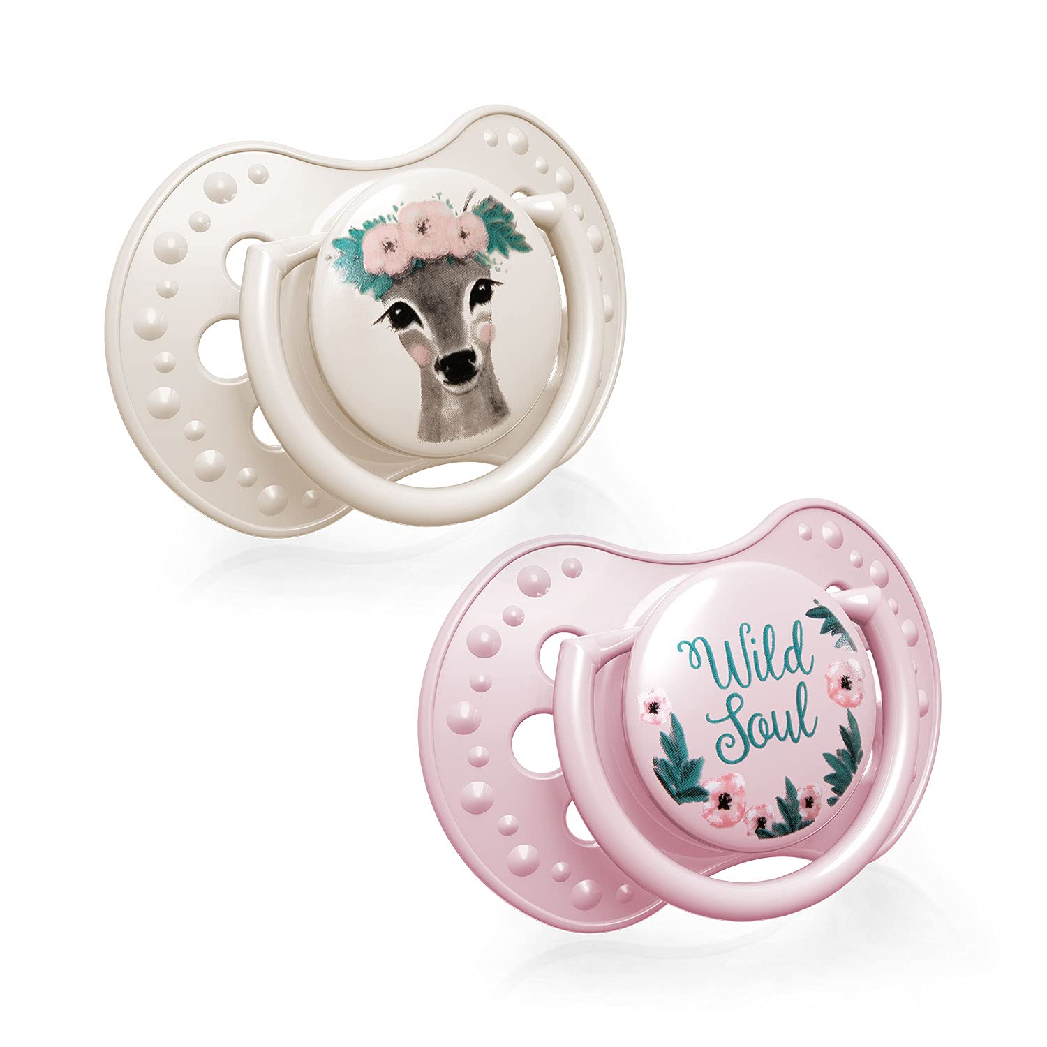 LOVI Soother 3-6 Months, Baby Dummies with Silicone Teat, Dynamic Tip, Wild Soul Girl Collection, 2 Pieces, Rose