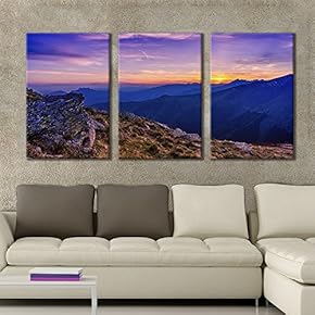 3 Panel Canvas Wall Art - Majestic Natural Landscape Triptych Canvas Series - Purple Mountain Sunset - Giclee Print Gallery Wrap Modern Home Art Ready to Hang - 16"x24" x 3 Panels