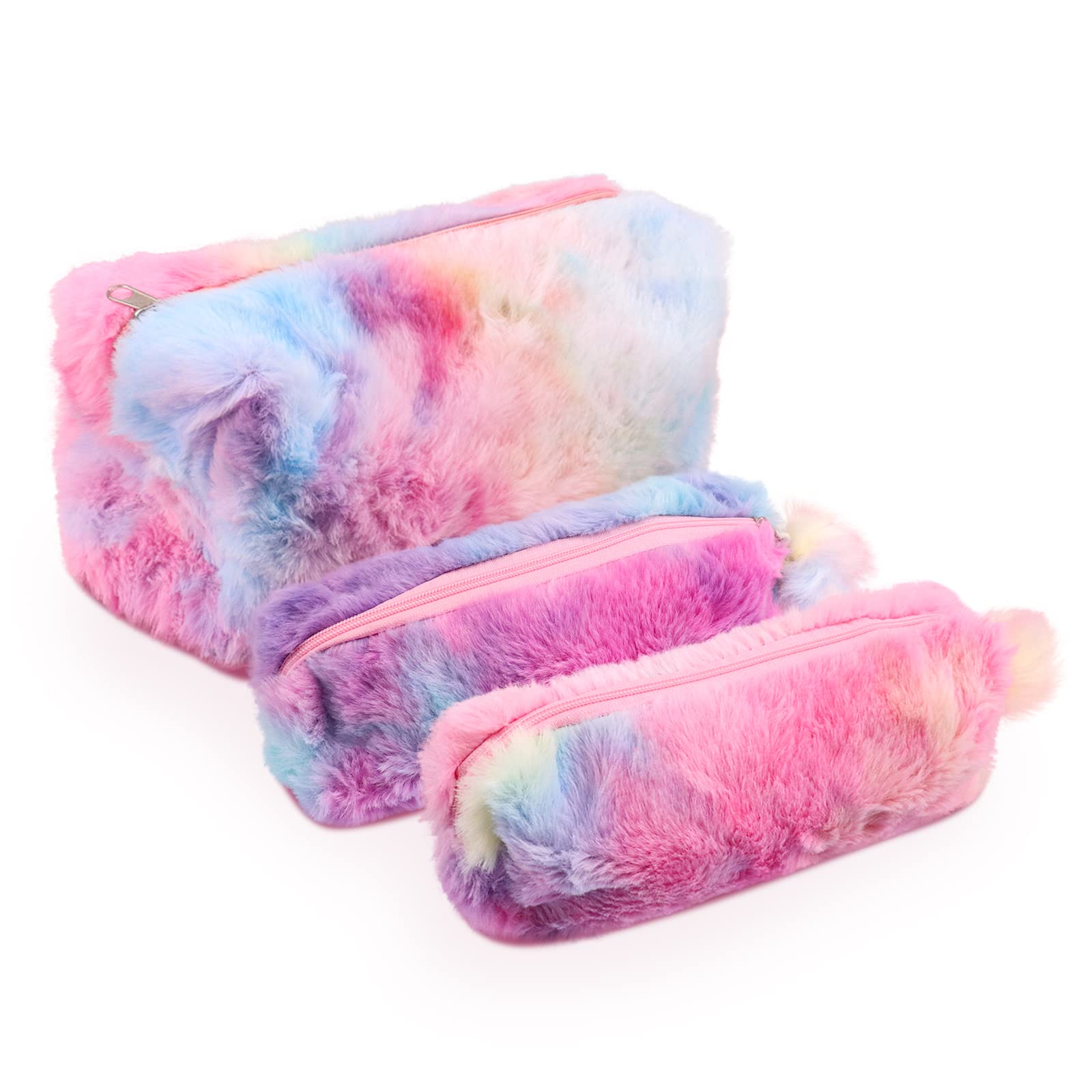 Cute Pencil Case Kawaii Pencil Pouch, Plush Fluffy Pen Case Organizer Holder, Large Capacity Fun Rainbow Stationery Storage Box Bag With Zipper School Supplies for Travel Office (Multicolor 3 Pack)