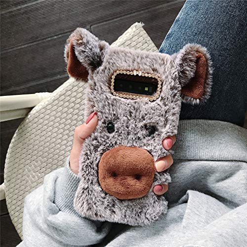 Omio for Samsung Galaxy S10 Plus Case Cartoon Cute Pig Fur Soft Handmade Fluffy Furry Stylish 3D Plush Case Cover Warm Big Ear Nose Bling Crystal Rhinestone Bowknot Ultra Thin Case for Galaxy S10 Plus