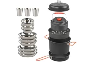Lixada Cookware Mess Kit for Camping Aluminum Alloy Pot Pan Steaming Tray Bowl Cup and Water Kettle with Pot Cover for 3 Pers