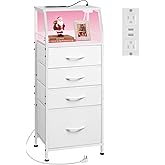 WLIVE Night Stand with Charger Station, White Nightstand with LED Light and 4 Storage Drawers, Tall Dresser for Bedroom, 37.48" H Bedside Table with Fabric Bins, Wood Shelf
