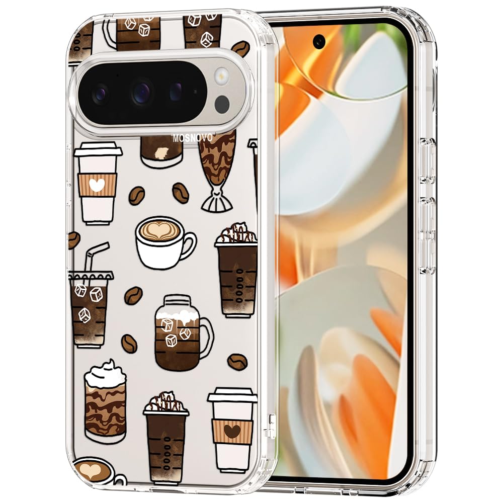 MOSNOVO Case for Google Pixel 9 Pro XL, [Buffertech 6.6ft Military-Grade Drop Protection] [Anti Peel Off Tech] Clear TPU Bumper Phone Case Cover Design - Coffee