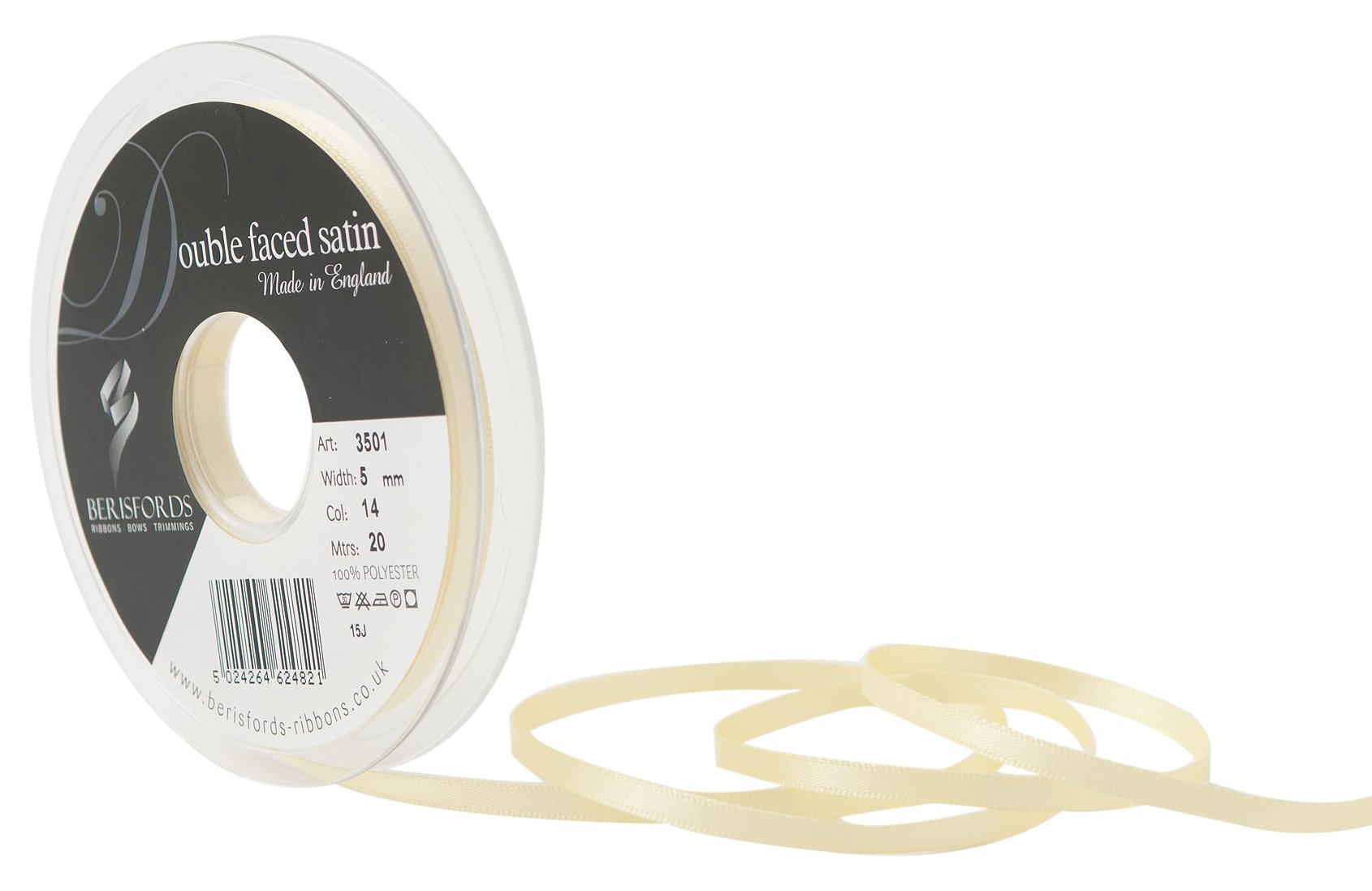 Berisfords Double FACE Poly Satin Ribbon, Pale Lemon, 10x1x10 cm