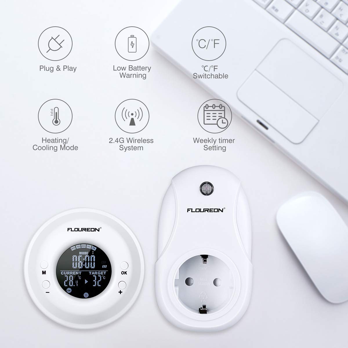 FLOUREON Termostato, Termostato per radiatore, Riscaldamento, Connettore RF, Regolatore di controllo della temperatura