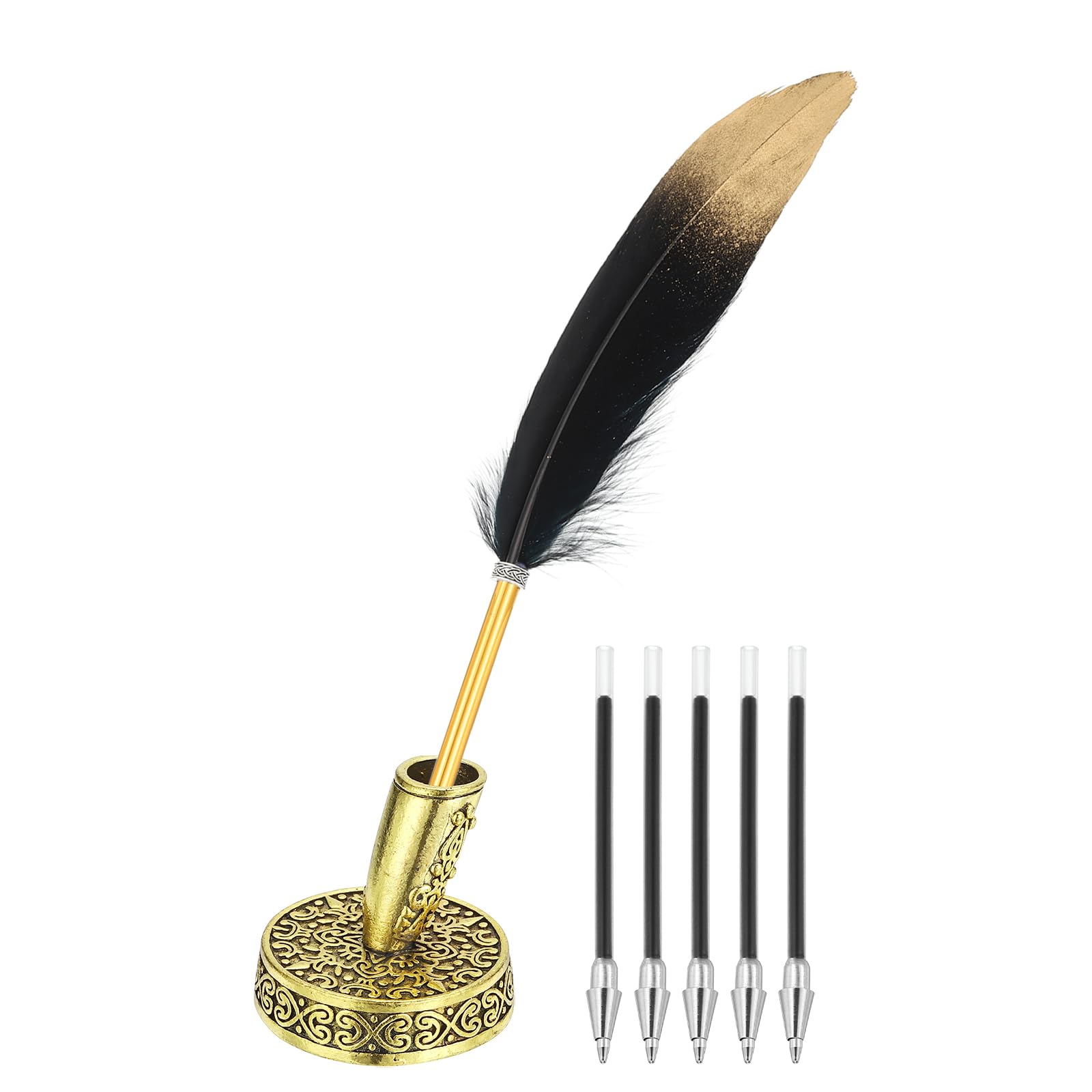 Photo 1 of *MISSING PARTS - Missing the feather pen*
PATIKIL Black Gold Feather Ballpoint Pens Bulk, Metal Holder Black Ink Vintage Quill Writing Pens with 5 Pieces Refill for Office, Wedding Signature, Gold