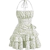Narecte Summer Dresses for Women,Tie Halter Mini Dress,Floral Print Short Dress,Ruffle Trim Casual Dresses