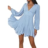 R.Vivimos Womens Casual Mini Dress Balloon Long Sleeve Deep V Neck Open Back A-Line Swing Short Dress