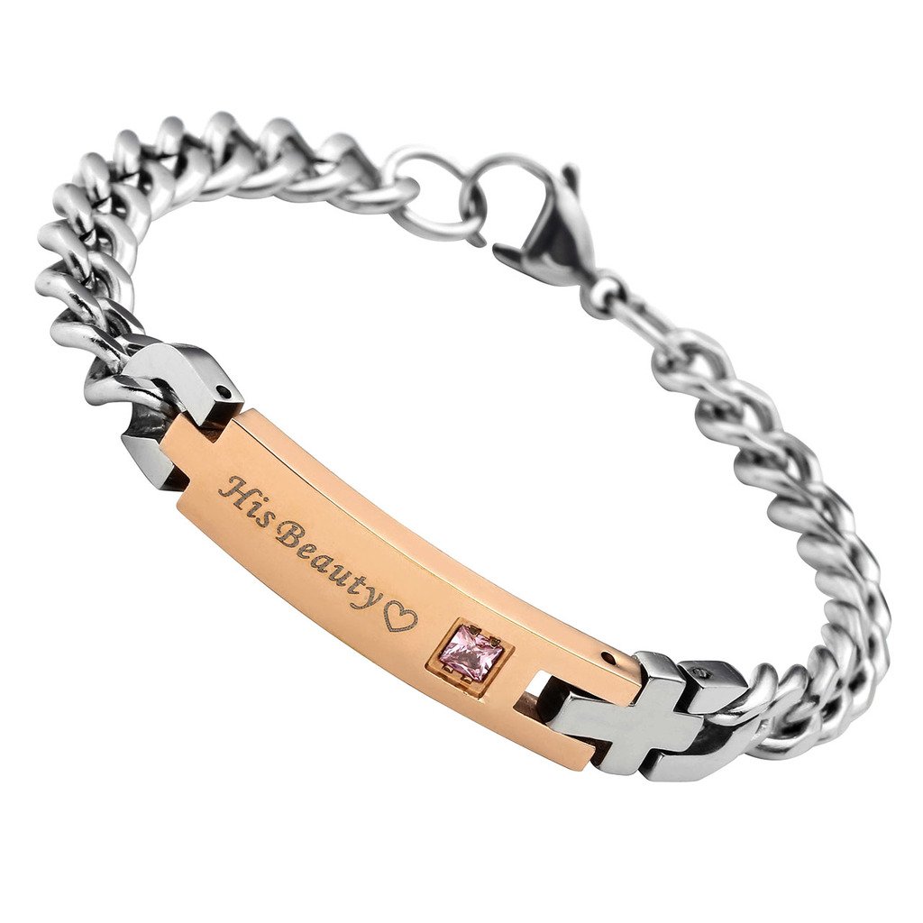 Zysta 1-2pcs His or Hers Matching Set His Beauty Her Beast Stainless Steel Couple Bracelet, Lover Relationship Mens Womens Bracelets